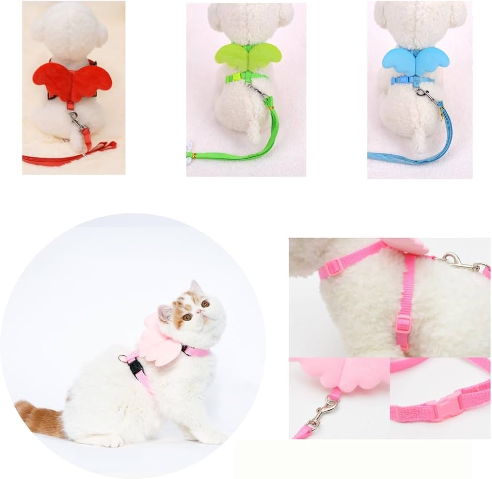 Kit De Luxo Guia Com Peitoral De Asas Para Gatos Cor Rosa Azul e Laranja - Imagem 3